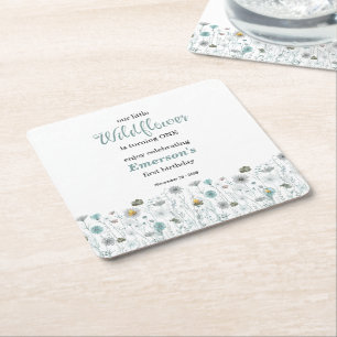 Whimsical Boho Color Wildflower 1st Birthday Party Square Paper Coaster