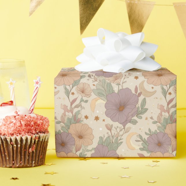 Whimsical Boho Floral & Moon Dreamscape Wrapping Paper (Birthday Party)