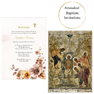 Whimsical Boho Flowers Orthodox Christian Baptism Invitation