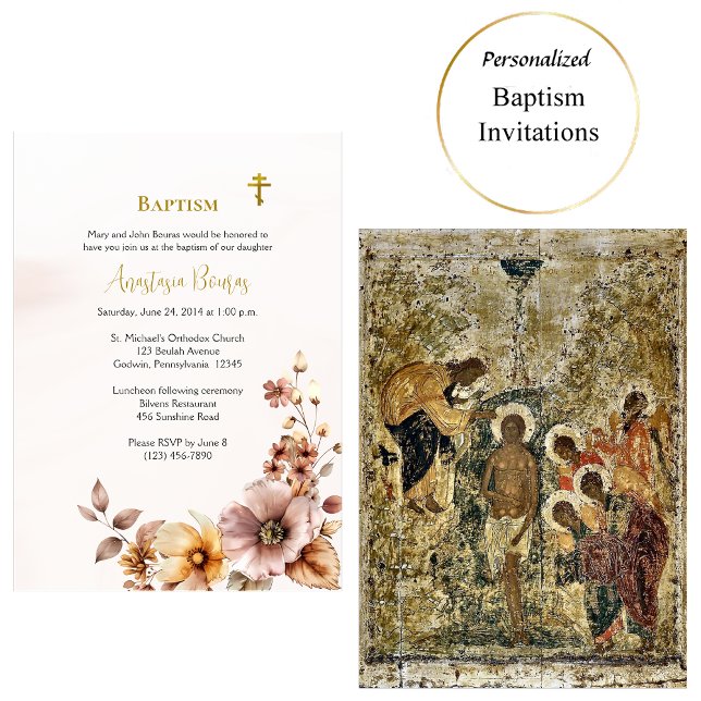 Whimsical Boho Flowers Orthodox Christian Baptism Invitation (Creator Uploaded)