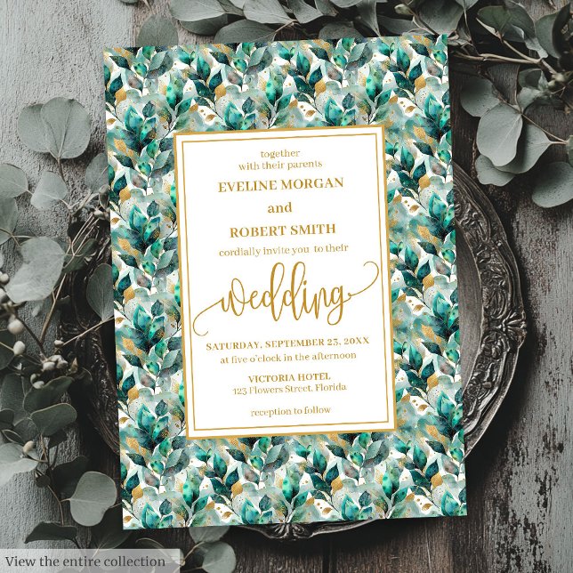 Whimsical Boho Forest Green Gold Greenery Wedding Invitation (Whimsical Boho Forest Green Gold Greenery Wedding Invitation)