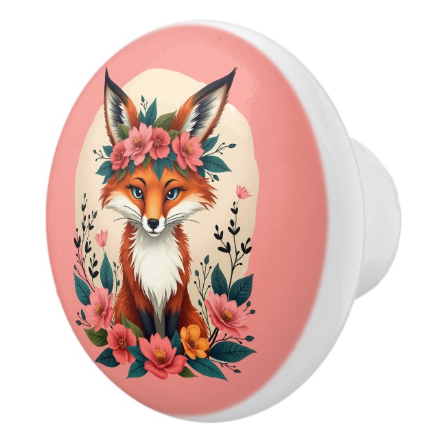 Whimsical Boho Fox with Floral Crown Woodland Ceramic Knob (Right)