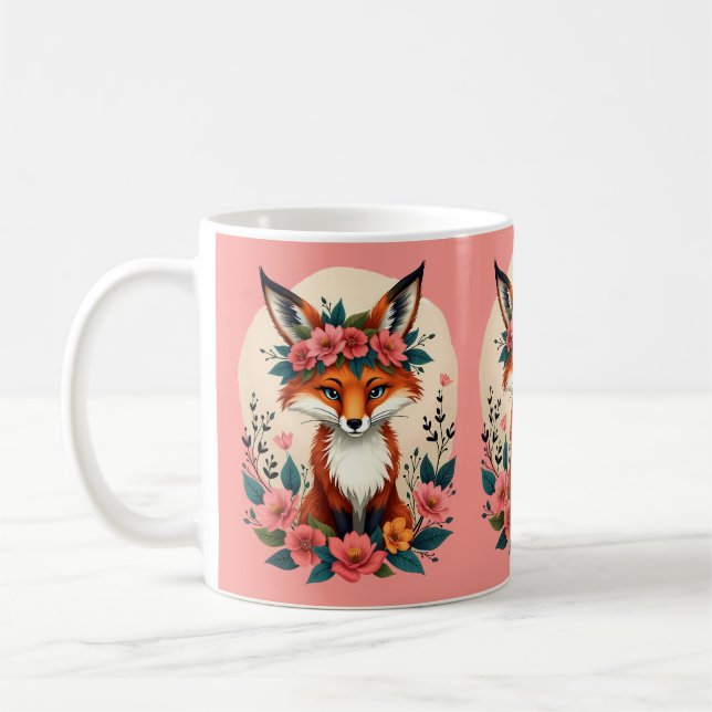 Whimsical Boho Fox with Floral Crown Woodland Pink Coffee Mug (Left)