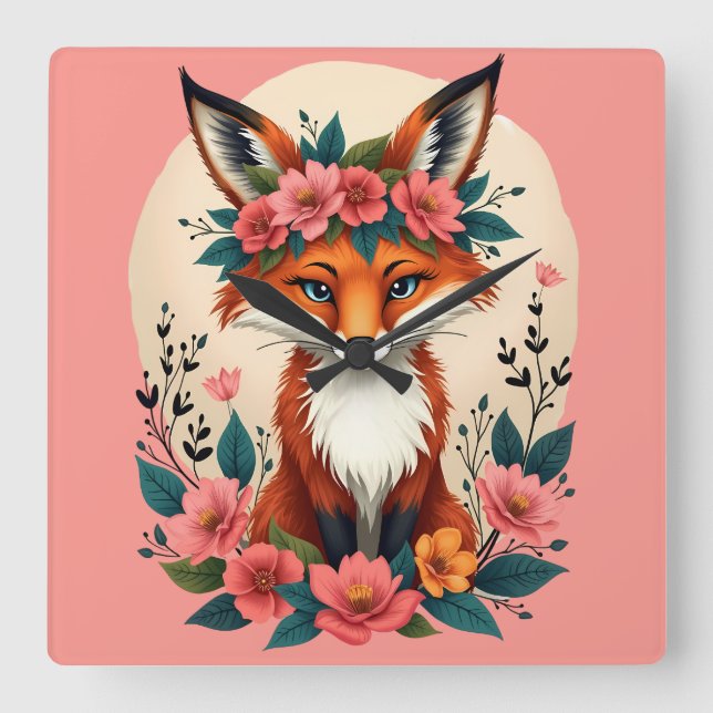 Whimsical Boho Fox with Floral Crown Woodland Square Wall Clock (Front)