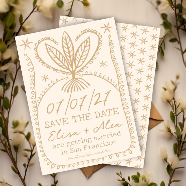 Whimsical Boho Frame Elegant SAVE THE DATE CUSTOM (Whimsical Boho Frame Elegant SAVE THE DATE CUSTOM
botanical stars cream beige gold)