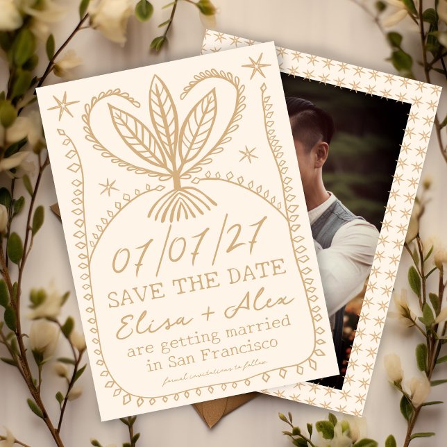 Whimsical Boho Frame SAVE THE DATE CUSTOM PHOTO (Whimsical Boho Frame SAVE THE DATE CUSTOM PHOTO
Botanical Stars Unique Cute Cream Gold)