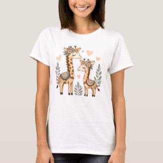 Whimsical Boho Giraffe Family with Floral T-Shirt