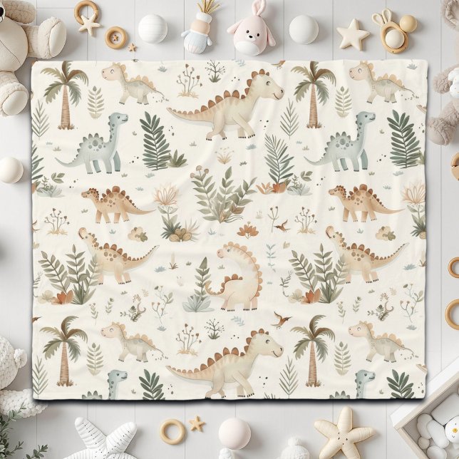 Whimsical Boho Jungle Dinosaur Pattern Fleece Blanket (Creator Uploaded)