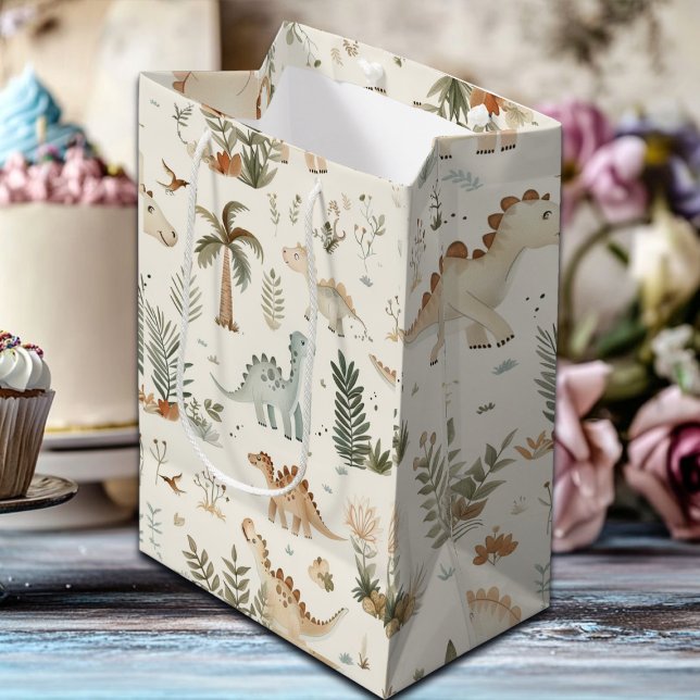 Whimsical Boho Jungle Dinosaur Pattern Medium Gift Bag (Creator Uploaded)