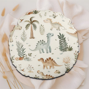 Whimsical Boho Jungle Dinosaur Pattern Round Cushion
