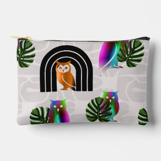 Whimsical Boho Owl & Tropical Monstera Leaf Accessory Pouch