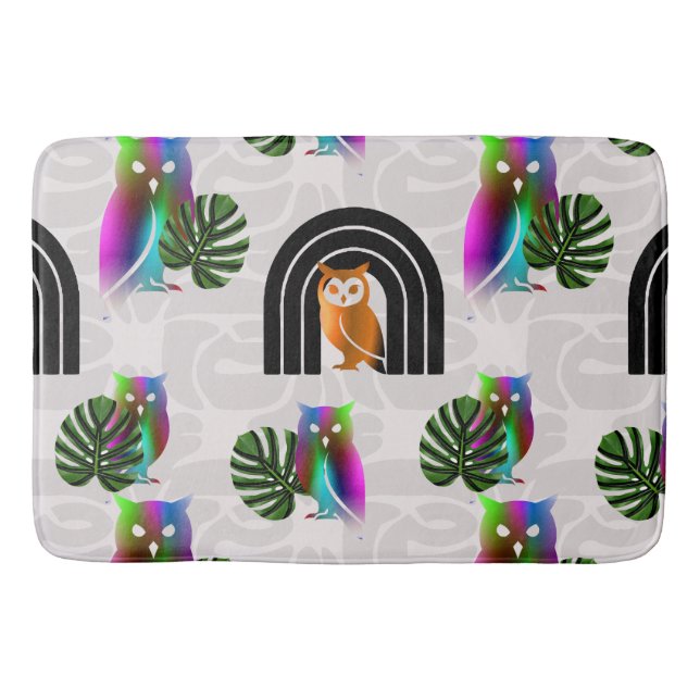 Whimsical Boho Owl & Tropical Monstera Leaf Bath Mat (Front)