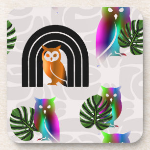 Whimsical Boho Owl & Tropical Monstera Leaf Coaster