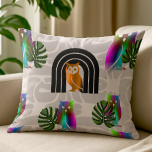 Whimsical Boho Owl & Tropical Monstera Leaf Cushion