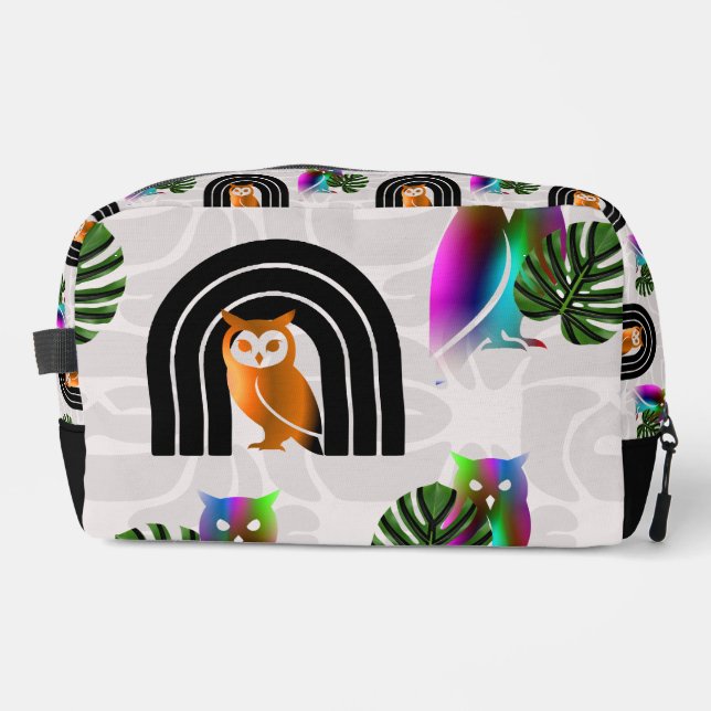 Whimsical Boho Owl & Tropical Monstera Leaf Dopp Kit (Front)
