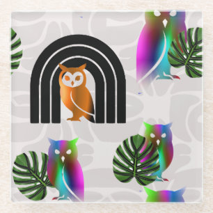Whimsical Boho Owl & Tropical Monstera Leaf Glass Coaster