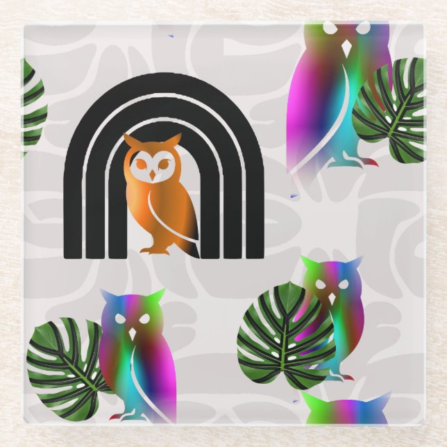 Whimsical Boho Owl & Tropical Monstera Leaf Glass Coaster (Front)