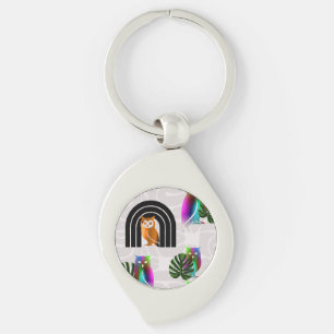 Whimsical Boho Owl & Tropical Monstera Leaf Key Ring