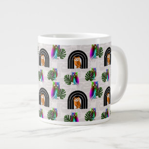 Whimsical Boho Owl & Tropical Monstera Leaf Large Coffee Mug
