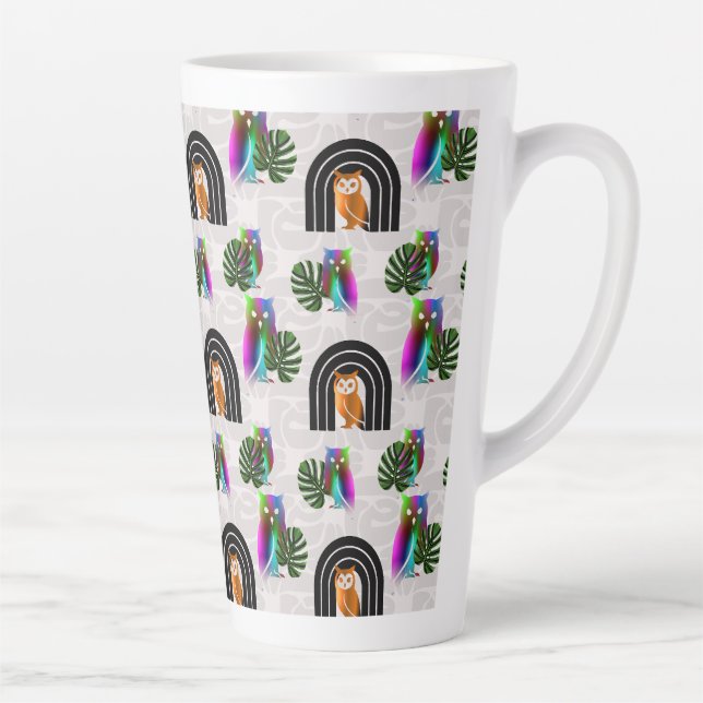 Whimsical Boho Owl & Tropical Monstera Leaf Latte Mug (Right)
