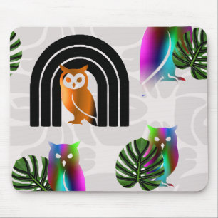 Whimsical Boho Owl & Tropical Monstera Leaf Mouse Pad