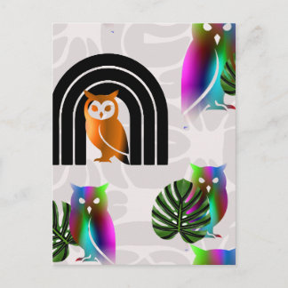 Whimsical Boho Owl & Tropical Monstera Leaf Postcard
