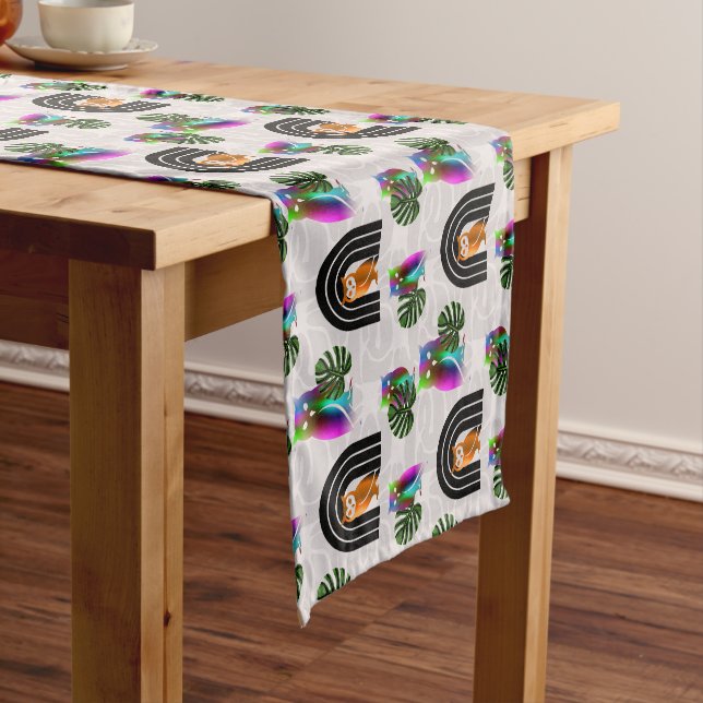Whimsical Boho Owl & Tropical Monstera Leaf Short Table Runner (In Situ)
