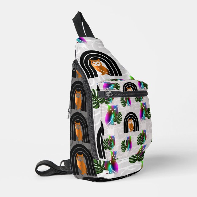 Whimsical Boho Owl & Tropical Monstera Leaf Sling Bag (Left Corner)