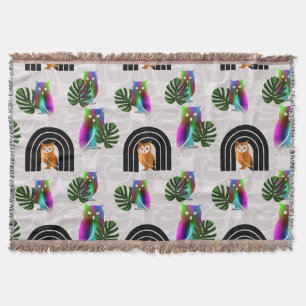 Whimsical Boho Owl & Tropical Monstera Leaf Throw Blanket