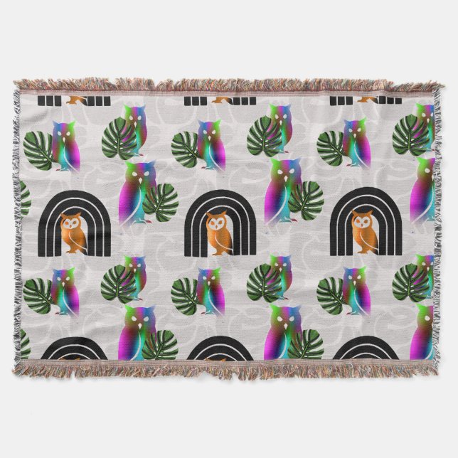 Whimsical Boho Owl & Tropical Monstera Leaf Throw Blanket (Front)