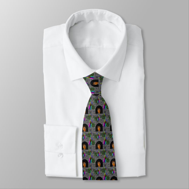 Whimsical Boho Owl & Tropical Monstera Leaf Tie (Tied)