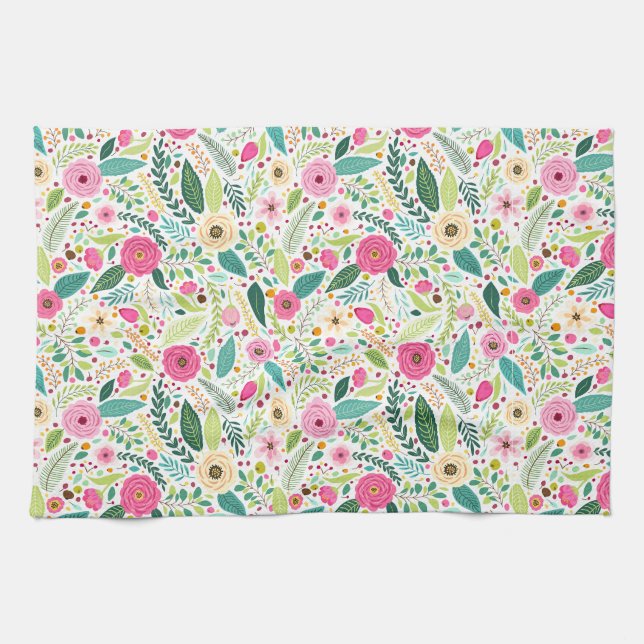 Whimsical boho Pink rose garden  Tea Towel (Horizontal)