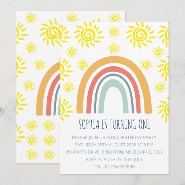 Whimsical Boho Rainbow Sun 1st Birthday Invitation (Front/Back)