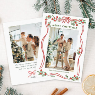 Whimsical Boho Red Christmas Bow Ribbon 2 Photo Holiday Card