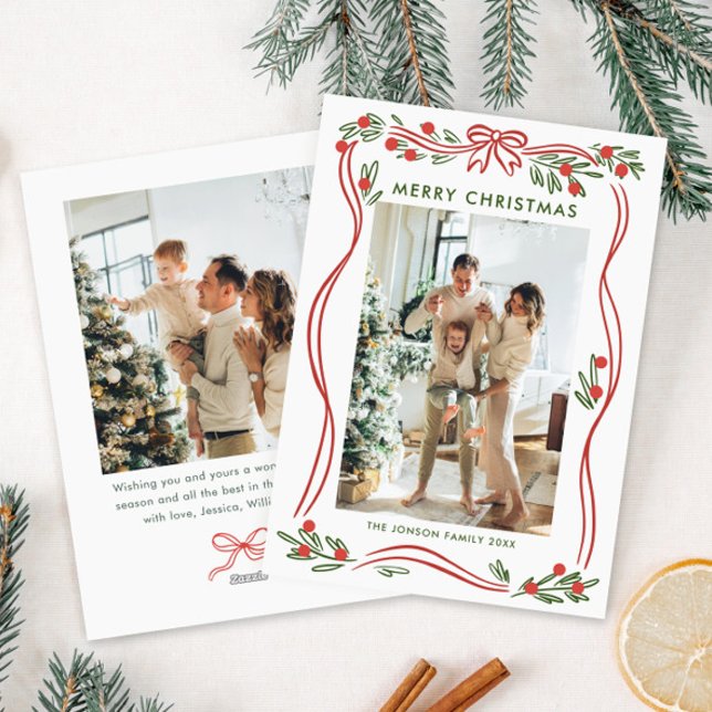 Whimsical Boho Red Christmas Bow Ribbon 2 Photo Holiday Card (Creator Uploaded)