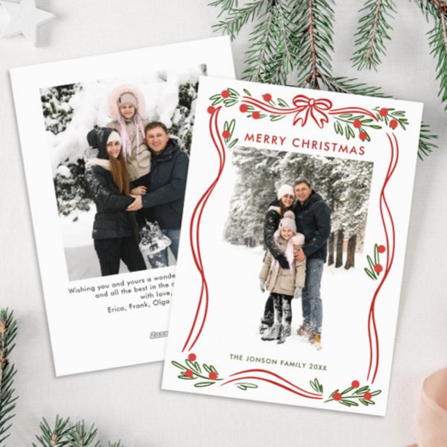 Whimsical Boho Red Christmas Bow Ribbon 2 Photo Holiday Card (Creator Uploaded)