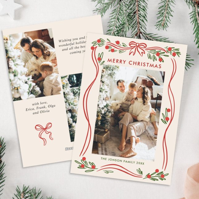 Whimsical Boho Red Christmas Bow Ribbon 3 Photo Holiday Card (Creator Uploaded)