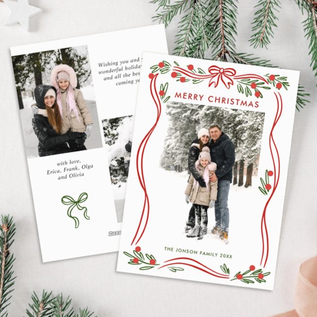 Whimsical Boho Red Christmas Bow Ribbon 3 Photo Holiday Card (Creator Uploaded)