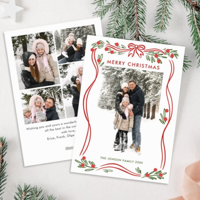 Whimsical Boho Red Christmas Bow Ribbon 5 Photo Holiday Card (Creator Uploaded)