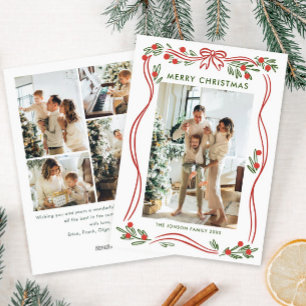 Whimsical Boho Red Christmas Bow Ribbon 5 Photo Holiday Card