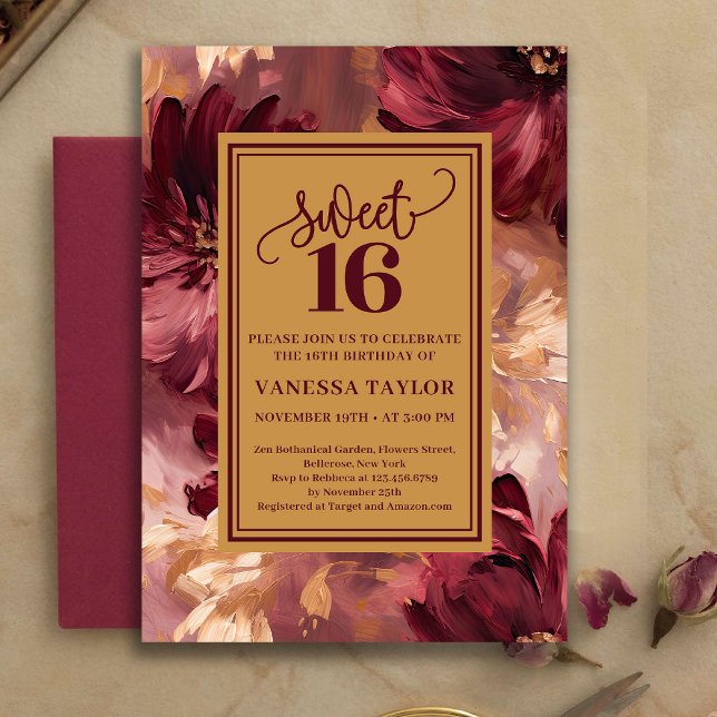 Whimsical Boho Sweet Sixteen Burgundy Blush Floral Invitation (Whimsical Sweet Sixteen Burgundy Blush Floral Invite)