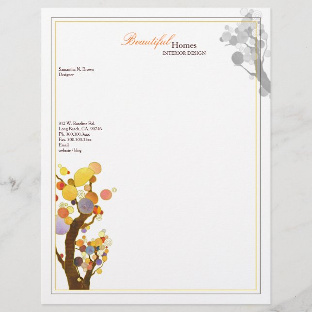 Whimsical Boho Trees Interior Design Business Letterhead Template (Front)