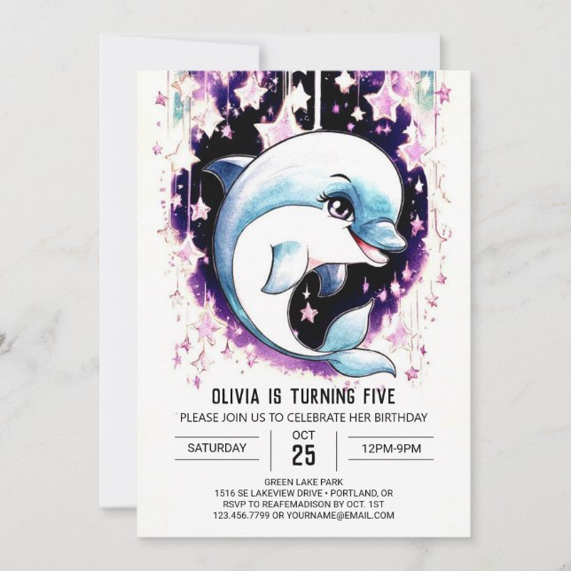 Whimsical Boho Watercolor Dolphin Birthday Invitation (Front)