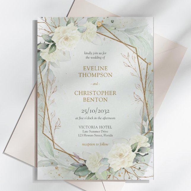 Whimsical boho white roses and eucalyptus wedding invitation (Elegant White Roses Floral Garden greenery and gold wedding invitation digital )