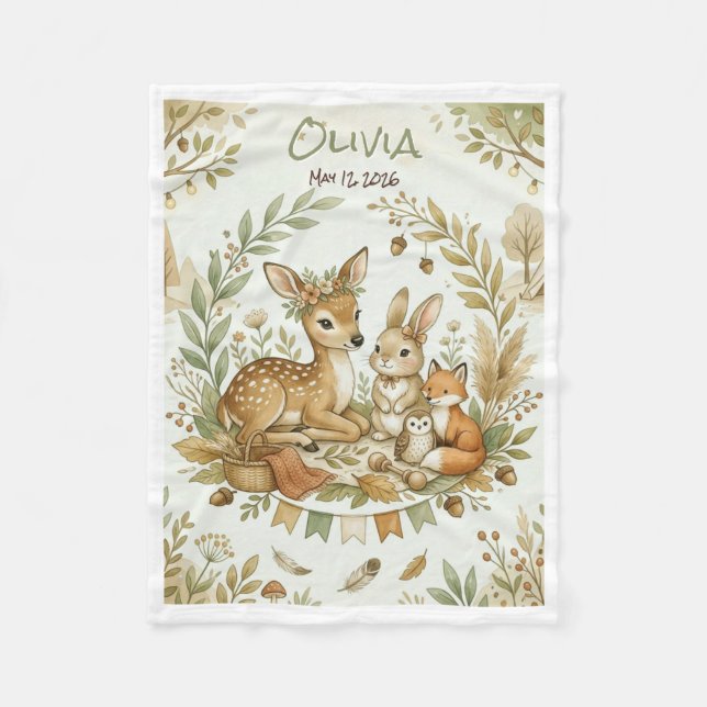 Whimsical  Boho Woodland  Fleece Blanket (Front)