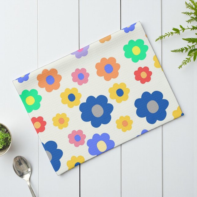 Whimsical Bold Colourful Floral Retro Cheerful Tea Towel (Whimsical Bold Colorful Floral Retro Cheerful Kitchen Towel)