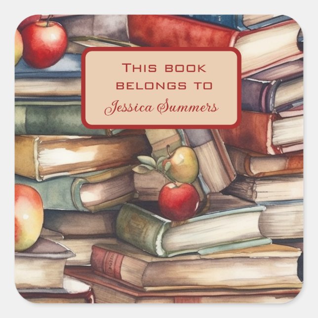 Whimsical Book and Apple Lovers Book Name Plate Square Sticker (Front)