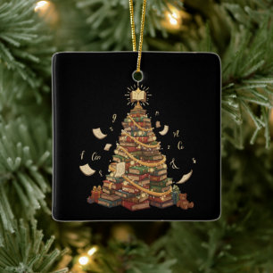 Whimsical Book Lover's Christmas Tree Literary Ceramic Ornament