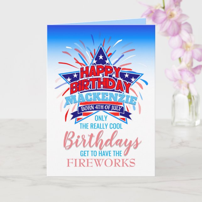 Whimsical Born on the 4th of July Happy Birthday Card (Orchid)