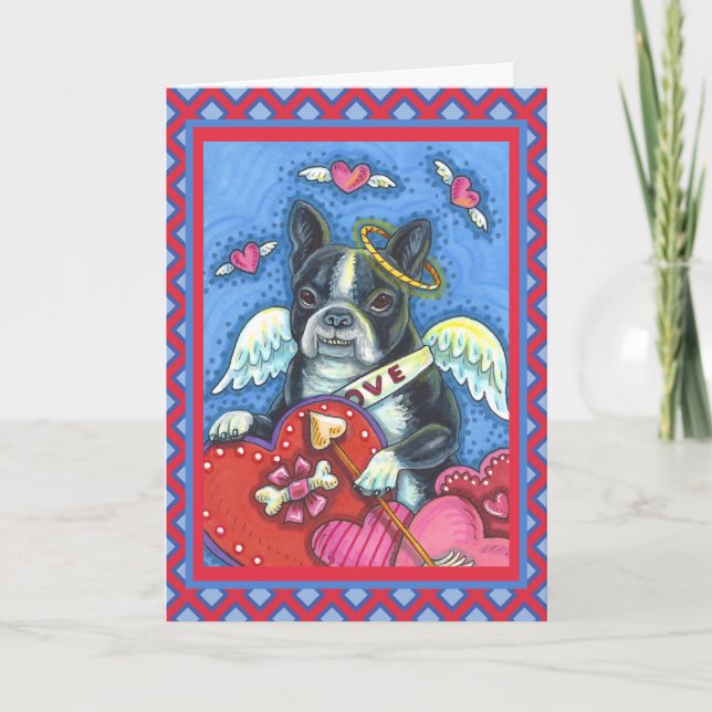 WHIMSICAL BOSTON TERRIER CUPID, CUTE DOG VALENTINE HOLIDAY CARD (Front)
